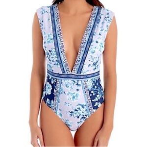 NEW Nanette Lapore One Piece Swimsuit Priya Plunge Lavender Trails Blue Size 8